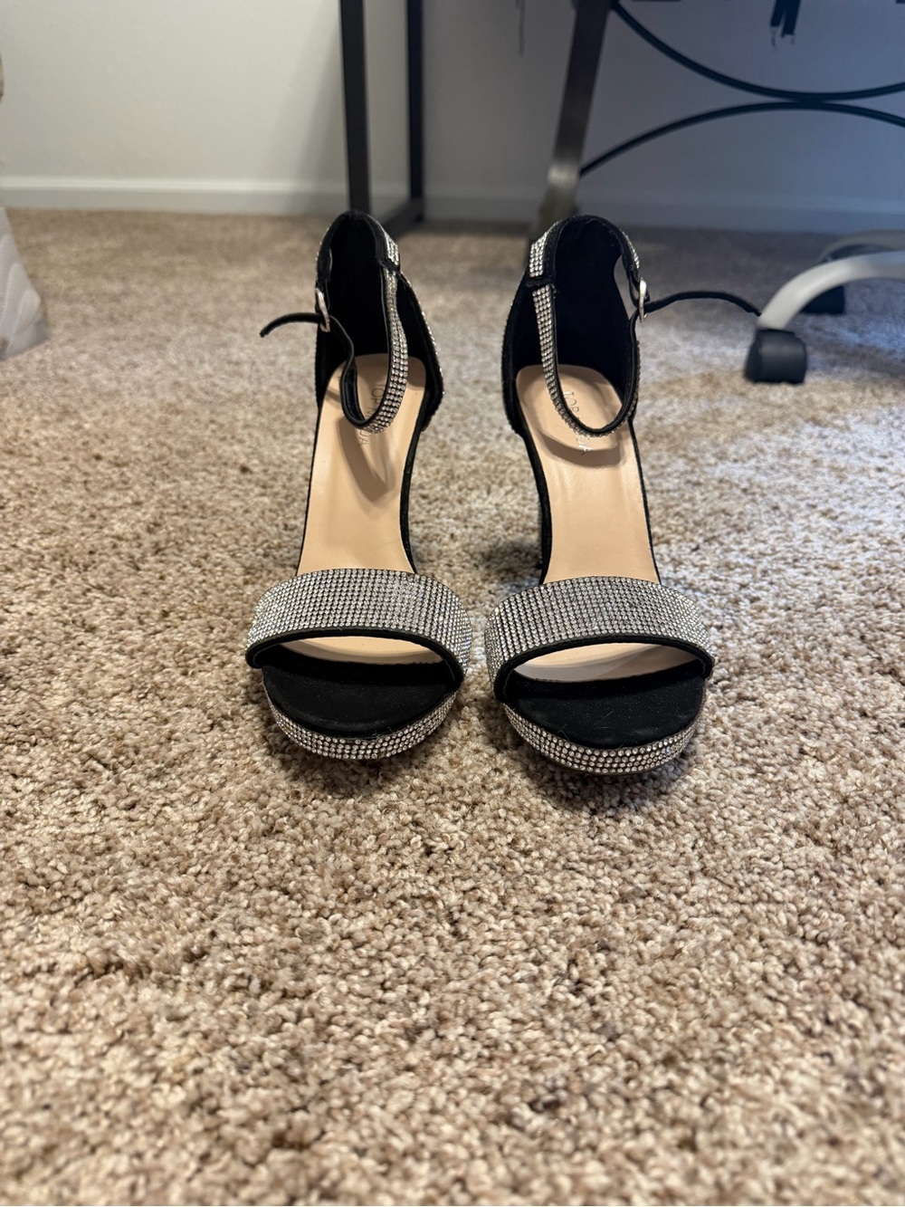 TOP Moda Black Rhinestone Platform Ankle-Strap Heels